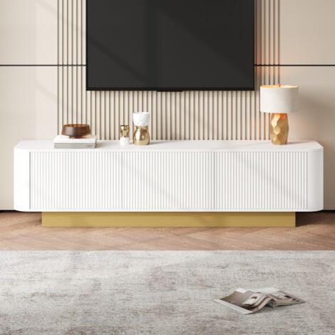 Meuble TV blanc moderne 170 x 40,5 x 47 cm Meuble TV bas avec 3 portes de rangement et étagères réglables Design arrondis (1/5)