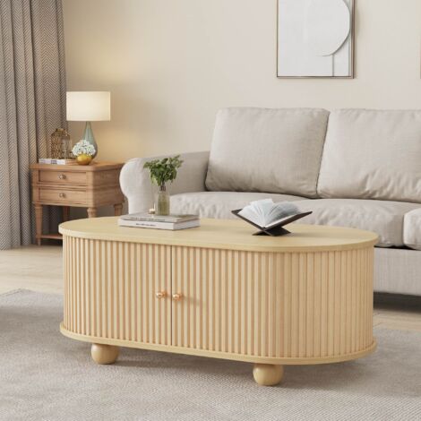 Table basse en bois ovale 100 x 50 x 40 cm Table de salon avec espace de rangement et portes coulissantes Design rayé Couleur bois (1/5)