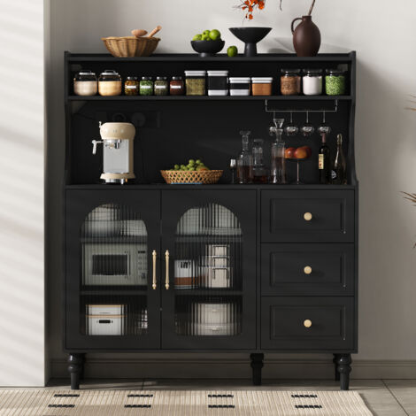 Meuble haut 120x40x138.5cm avec prises intégrées, tiroirs, porte-verres, étagères réglables, rangement cuisine salon, panneaux de bois - noir (1/5)