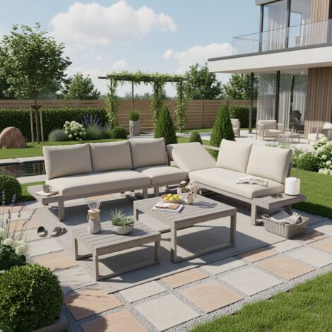 Salon de jardin angle inclinable 5 positions jusqu'à 55°, 2 tables basses, plateau aspect bois, piètement acier zingué - beige et Kaki