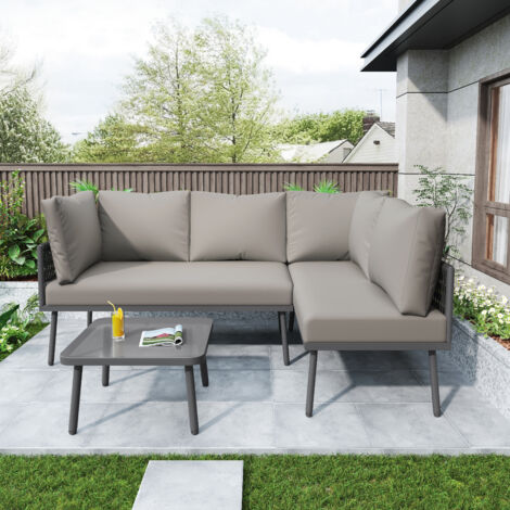 Salon de jardin 7 pièces avec corde tressée grise, 2 canapés d'angle et table verre trempé, coussins assise 10 cm , fer ,Gris (1/5)