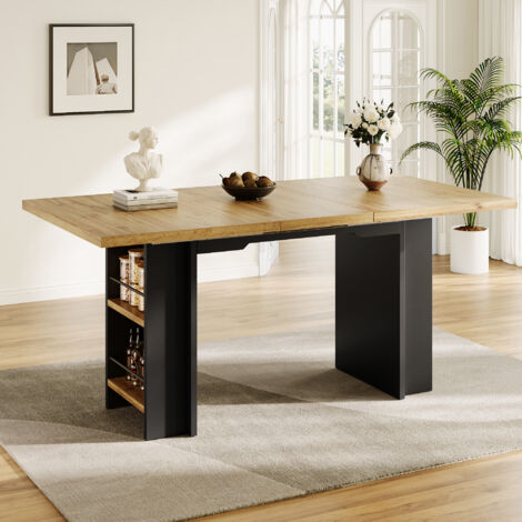 Table à manger extensible 120-160 × 80 cm avec étagères, Pour cuisines, salons et salles à manger Conception flexible Coloris bois (1/5)
