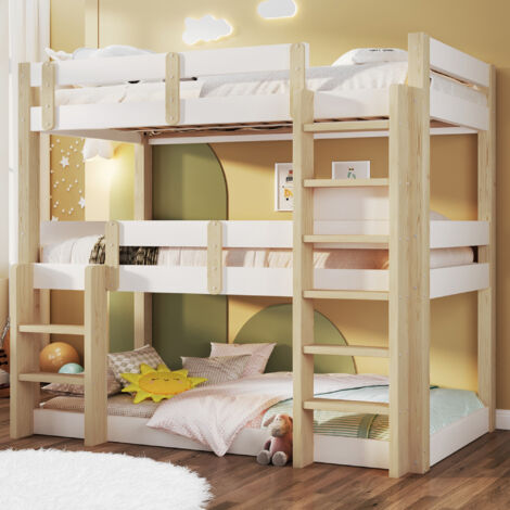 Lit superposé 90 x 190 cm Lit triple enfants Conception à double échelle barrières de sécurité surélevées Blanc et Naturel (1/5)