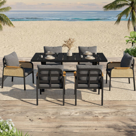 Salon de jardin - table 148x80x75 cm + 6 chaises en rotin, accoudoirs tressés, coussins épais, structure fer, plateau bois composite, noir et naturel (1/5)