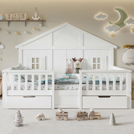 Lit cabane enfant 90x200 cm avec 2 tiroirs à roulettes - Sommier lattes - Pin MDF contreplaqué - Blanc