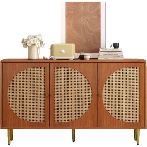 Buffet salon 129.8 x 40 x 76 cm de rangement rotin 3 portes à étagères ajustables, couleur noyer (1/5)
