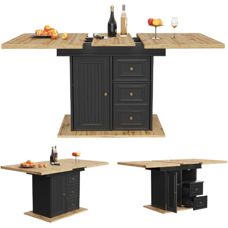 Table à manger extensible 110-140 x 80 x 75cm avec plateau bois，3 tiroirs, 1 porte  - Structure robuste pour 6 personnes