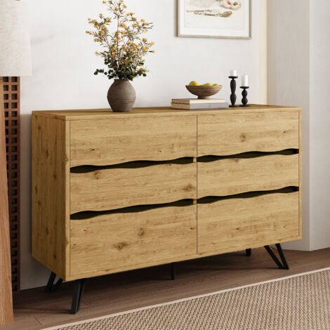 Commode naturel à 6 tiroirs aspect bois avec pieds métal, design vintage pour chambre, salon, entrée 120x40x75,5 cm