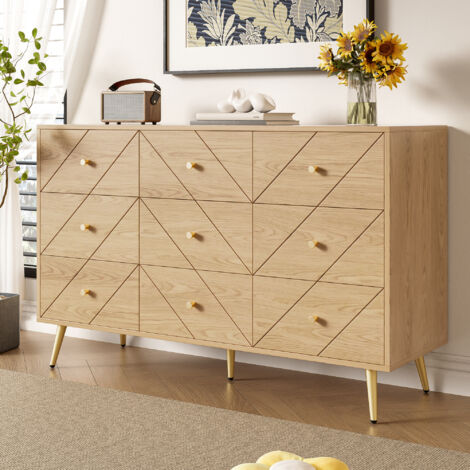 Commode naturel à 9 tiroirs avec pieds fer et motifs géométriques, pour chambre, salon, entrée