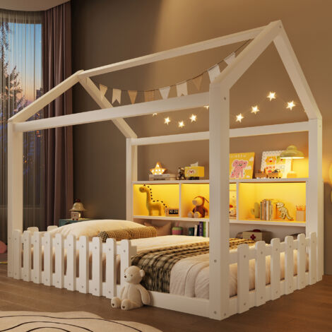 Lit cabane enfant 90x190 cm avec LED, barreaux sécurité, rangements ouverts, design maison, bois pin, sans matelas, style minimaliste, blanc