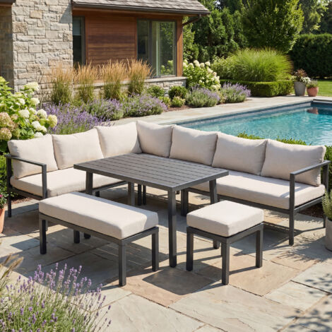Salon de Jardin 8 Places - Canapé 6 Places + Banquette + Fauteuil + Table WPC - Structure Acier Galvanisé - pour Terrasse, Jardin, Piscine - Gris (1/5)