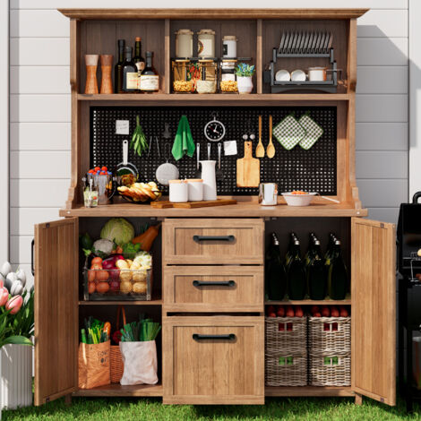 Buffet de Jardin 125x50x185,1 cm - 3 Étagères Ouvertes + 3 Tiroirs + 2 Placards + Panneau Perforé Métal - Structure Bois de Sapin Massif -Bois Naturel (1/5)