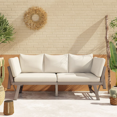 Canapé 3 Places Convertible - Accoudoirs Rabattables en Méridienne - Structure Acier Galvanisé - pour Jardin, Terrasse, Balcon - Beige