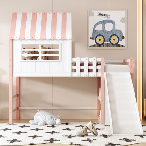 Lit Superposé avec Toboggan 90x200 cm - Structure Pin Massif - Rangements Multiples - Barrières de Sécurité 36 cm - Rose (1/5)