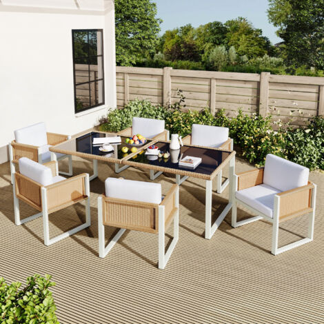 Ensemble Table et Chaises de Jardin 7 Pièces - Table Verre Trempé 170x80x75 cm + 6 Chaises Rotin PE 55x55x80 cm - Coussins 8,5 cm - Structure Acier Antirouille - Brun et Blanc (1/5)