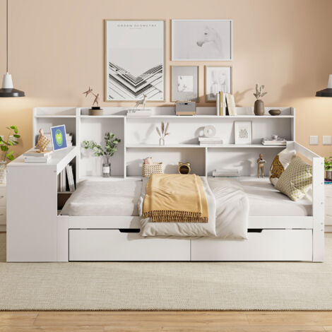 Canapé Lit Multifonction 90x200cm - En Bois Massif avec USB & Bureau - Blanc (1/5)