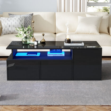 Table Basse100x50x35 cm - Structure 3 Niveaux avec LED Connectée - 2 Tiroirs + 3 Niches Latérales - Finition Laque Brillante - Noir (1/5)