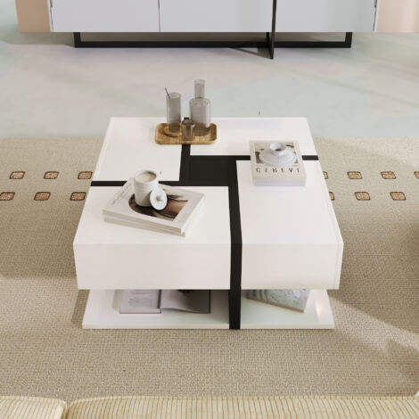 Table Basse Carrée 78x78x36 cm - 4 Tiroirs + Étagère Inférieure - Motif Artistique Lignes et Couleurs - Finition Brillante - Blanc et Noir (1/5)