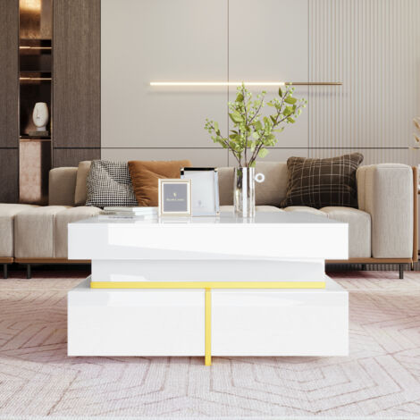 Table Basse Carrée 70x70x35,5 cm - Finition Laque Brillante Blanche - Accents Dorés - 2 Tiroirs Avant/Arrière - Structure Panneaux de Particules - Blanc (1/5)