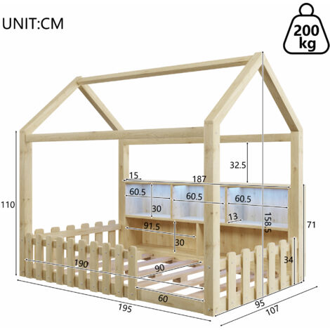 Lit cabane lit enfant 90x190 cm avec barrière, LED, rangements ouverts, sans matelas, bois de pin, Natural