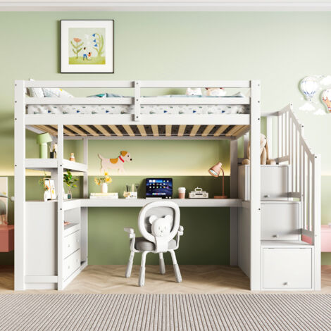 Lit mezzanine 90x200 cm avec bureau - escalier de rangement et 2 tiroirs - pour enfant et ado - pin massif - Blanc (1/5)