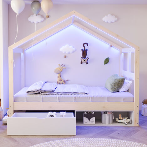 Lit Cabane Enfant 90×190 cm avec tiroirs et petit meuble à chaussures - éclairage LED - bois - Naturel