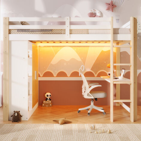Lit mezzanine enfant 140x200cm avec éclairage LED - armoire - étagère et bureau - sans matelas - Pin - blanc et naturel