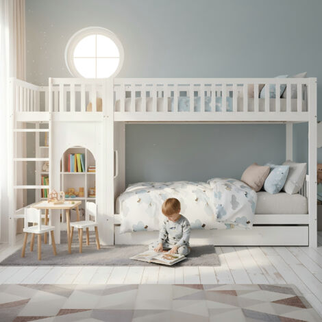 Lit superposé enfants 90 x 200 cm avec échelle droite à quatre marches - barrières de sécurité sur les quatre côtés - pin + MDF - blanc (1/5)