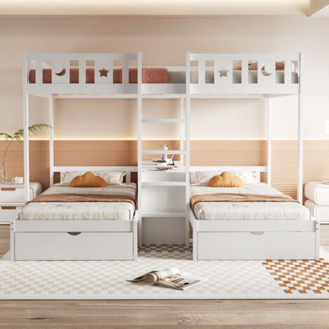 Lit superposé 140×220 cm + 90×200 cm avec échelle, espace de rangement et 2 tiroirs, cadre de lit en bois massif, blanc