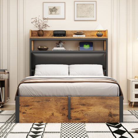 Lit Rétro avec Rangement Hydraulique 90x200cm - Tête de Lit Rembourrée & USB - Pour Chambre - Noir (1/5)