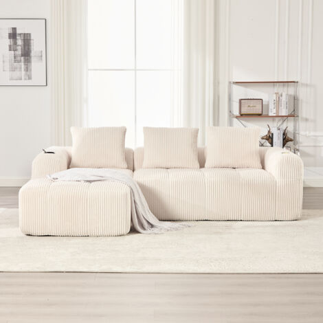 Canapé Modulable 253cm - En Velours Côtelé avec Rangements & Porte-gobelets - Pour Salon, Studio - Beige (1/5)