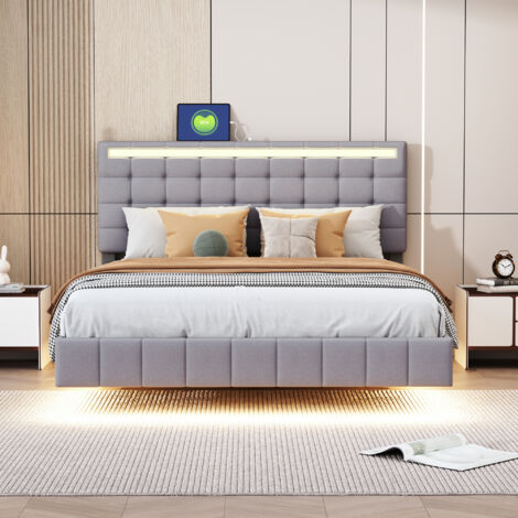 Lit Capitonné 140x200cm - Avec LED & Pieds Cachés - Pour Chambre - Gris (1/5)