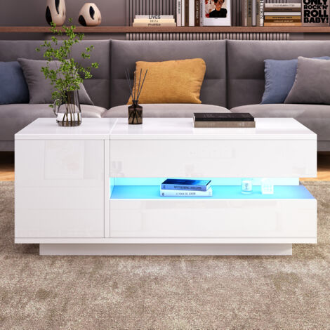 Table Basse Relevable 90cm - Avec LED & Rangements Intégrés - Pour Salon, Petit Espace - Blanc (1/5)
