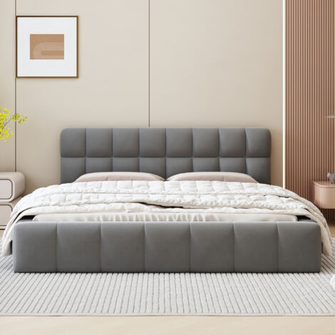 Lit Capitonné 140x190cm - Avec Matelas Encastré & Dossier Rembourré - Pour Chambre -Gris (1/5)