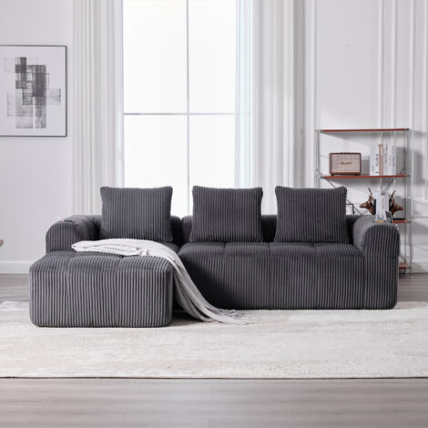 Canapé Modulable 253cm - Velours Côtelé, Rangements & Porte-gobelets - Pour Salon, Studio - Gris (1/5)