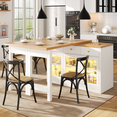 Table de cuisine extensible roulante blanc 120-200 cm avec éclairage LED, 3 tiroirs, portes verre et pilotable par application