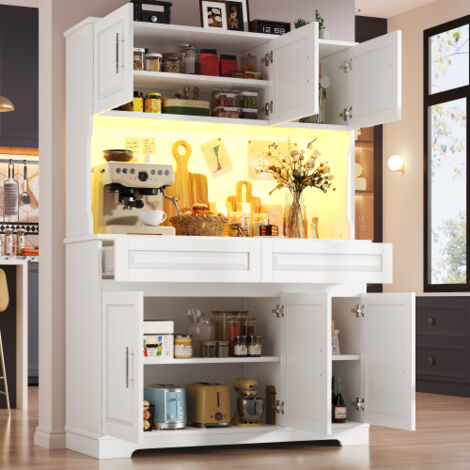 Grand buffet de cuisine haute blanche 180 cm avec 2 tiroirs et LED, meuble de rangement avec plan travail et étagères réglables