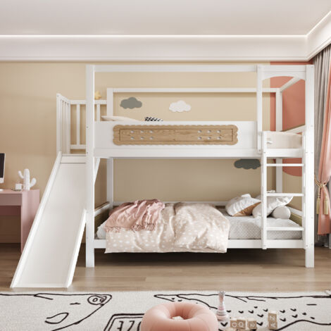 Lit Superposé Maison 90x200cm - Avec Toboggan & Barrières - Pour Enfant, Chambre - Bois Naturel (1/5)