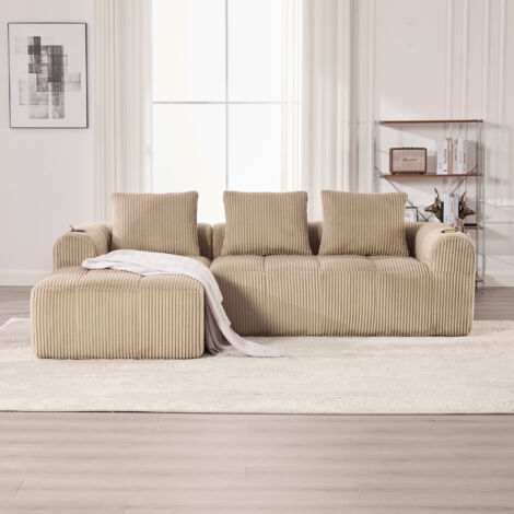 Canapé Modulable 253cm - Velours Côtelé, Rangements & Porte-gobelets - Pour Salon, Studio - khaki (1/5)