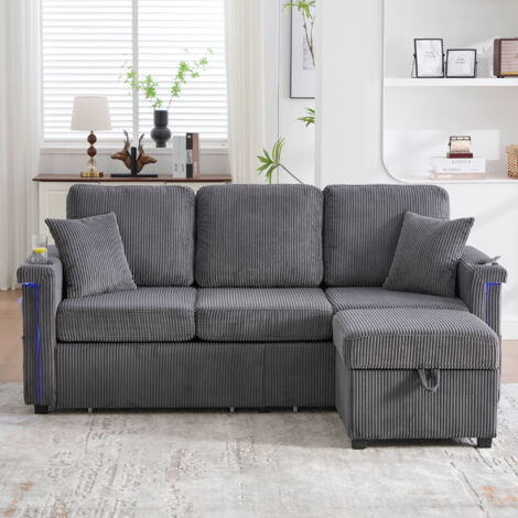 Canapé 194cm - Velours Côtelé avec LED, USB & Rangements - Pour Salon, Bureau - gris (1/5)