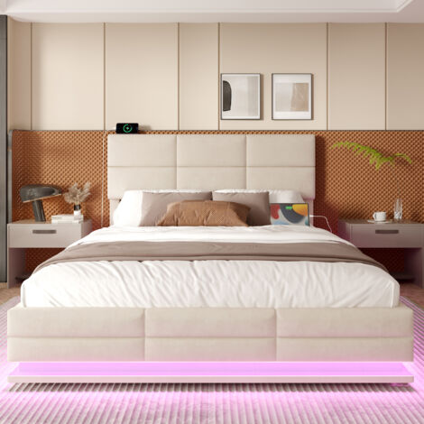 Lit 160x200cm - Velours avec LED, USB & Rangement Hydraulique - Pour Chambre, Moderne - Beige (1/5)