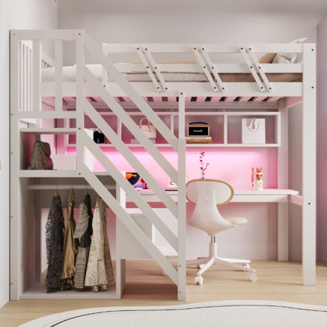 Lit Élevé 90x200cm - Avec Bureau, LED & Étagères - Pour Enfant, Ado, Chambre - Blanc