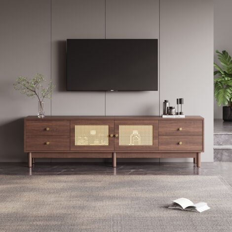 Meuble TV 180cm en Bois - Portes en Rotin & 4 Tiroirs - Pour Salon, Jusqu'à 80 Pouces - Brun (1/5)
