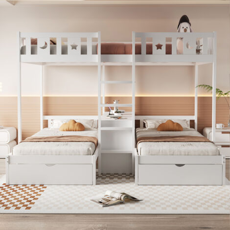 Lit Superposé Triple 90x200cm - Avec Rangements & Étagère - Pour Enfant, Chambre - Blanc