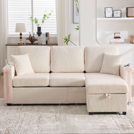 Canapé 194cm - Velours Côtelé avec LED, USB & Rangements - Pour Salon, Bureau - Beige (1/5)