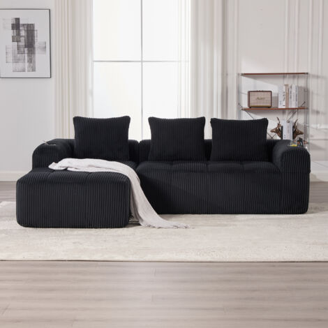 Canapé Modulable 253cm - Velours Côtelé, Rangements & Porte-gobelets - Pour Salon, Studio - noir (1/5)