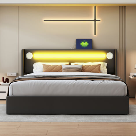 Lit Double 160x200cm - PU Cuir avec Bluetooth, LED & Rangement Hydraulique - Pour Chambre - Noir (1/5)