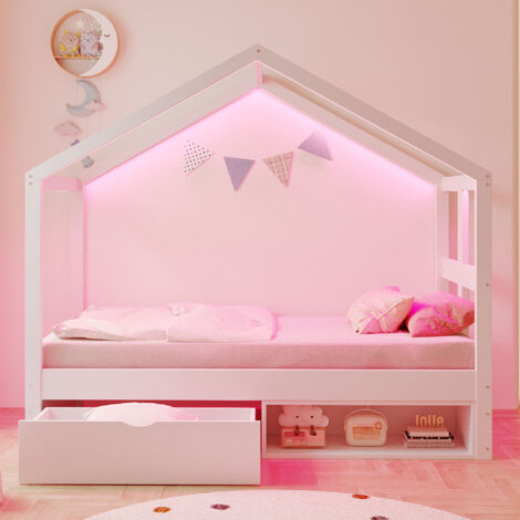 Lit Maison 90x190cm - Avec LED, Tiroir & Rangement à Chaussures - Pour Enfant, Chambre - Blanc