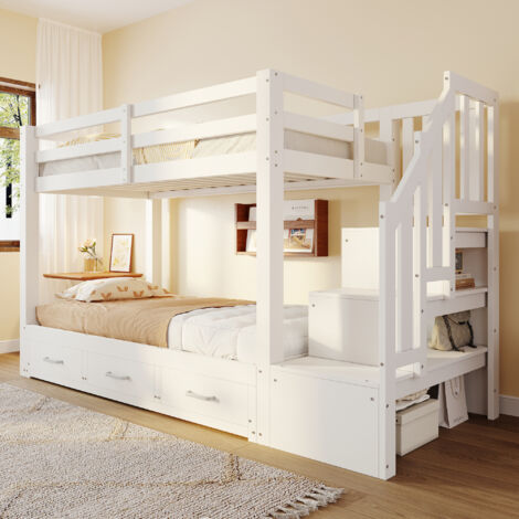 Lit Superposé 90x200cm - Avec Lit Gigogne & Échelle à Rangements - Pour Enfant, Chambre - Blanc (1/5)