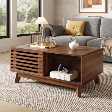 Table basse relevable noyer rétro 90x55x43.5cm, porte jalousie coulissante + rangement